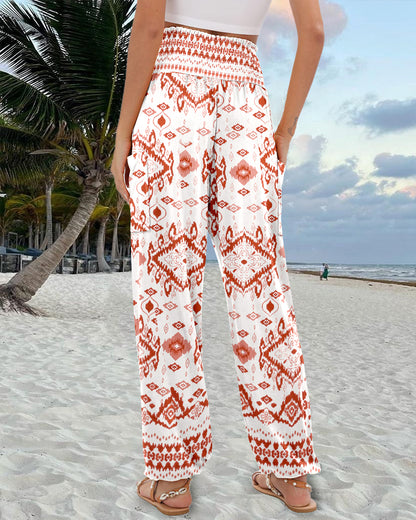 Tribal Print Shirred High Waist Cinched Hem Long Pants Vacation Pants with Pocket