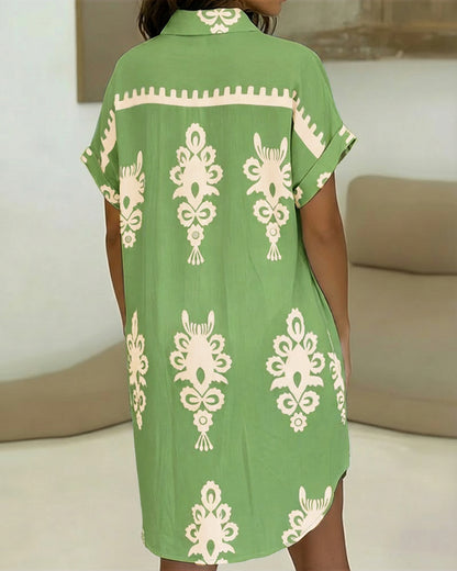 Vintage Baroque Placement Print Turn-down Collar Rolled Cuffs Button Down Shirt Dress Casual Curved Hem Vacation Dress with Pockets