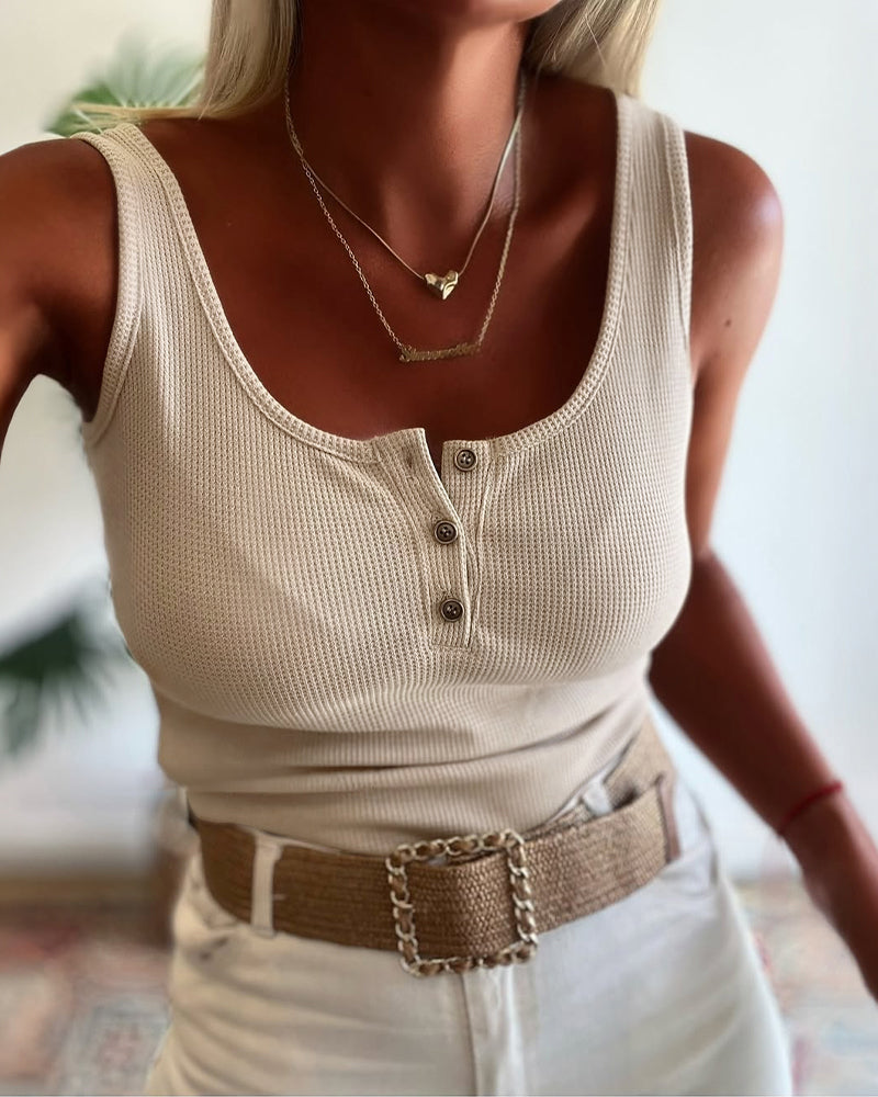 U-Neck Sleeveless Half Button Front Tank Slim Fit Backless Knit Waffle Tank Top