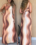 Women's Abstract Print Maxi Dress Elegant Square Neck Backless Tie Vacation Dress Side Slit Beach Sundress with Pockets