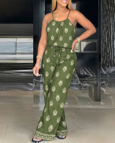 Vintage Print Adjustable Spaghetti Straps Drawstring Waist Overalls Casual Cinched Waist Wide Leg Vacation Jumpsuit