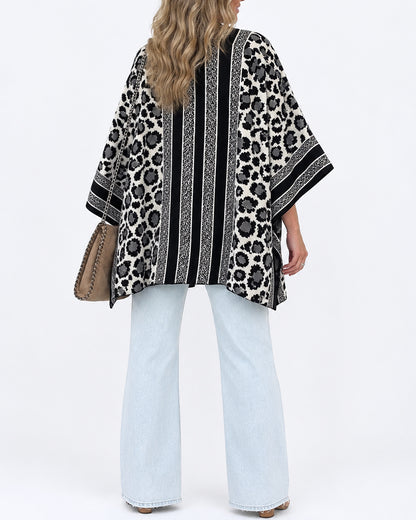Women's Leopard Print Poncho Cardigan Contrast Striped Trim Open Front Loose Fit Batwing Sleeve Knit Cape Shawl