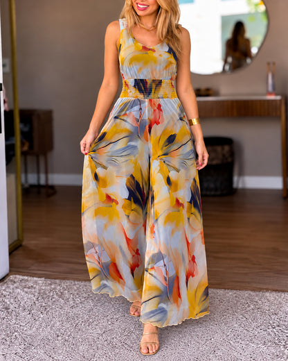 Women's V-Neck Floral Print Mesh Wide Leg Jumpsuit Stretchy Straps Shirred Waist Overalls