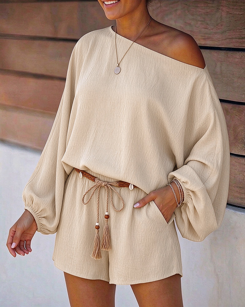 Women's Bohemian 2 Piece Set Boat Neck Lantern Sleeve Top and High Waist Shorts