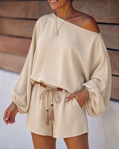 Women's Bohemian 2 Piece Set Boat Neck Lantern Sleeve Top and High Waist Shorts
