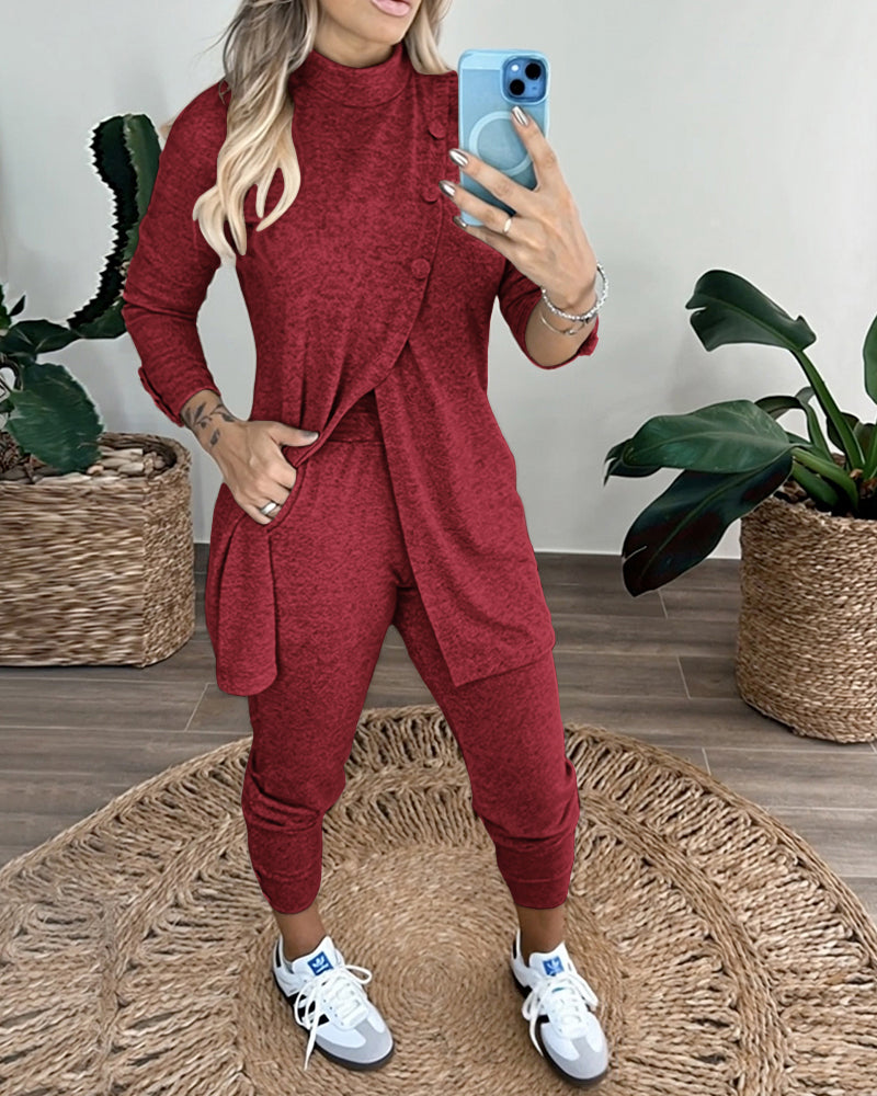 2 Pieces Outfit Mock Neck Long Sleeve Button Decor Slit Mid-Length Top and Stretchy Drawstring High Waist Slim Fit Pants Set