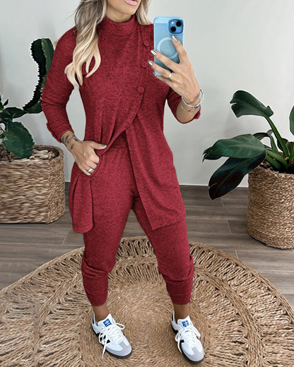 2 Pieces Outfit Mock Neck Long Sleeve Button Decor Slit Mid-Length Top and Stretchy Drawstring High Waist Slim Fit Pants Set