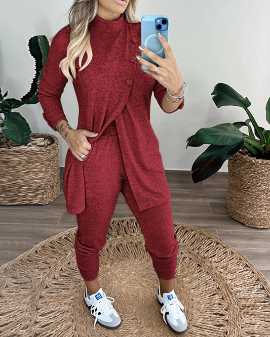 2 Pieces Outfit Mock Neck Long Sleeve Button Decor Slit Mid-Length Top and Stretchy Drawstring High Waist Slim Fit Pants Set