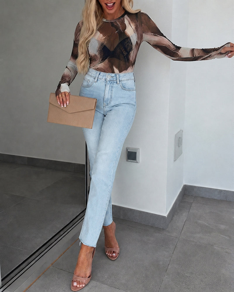Women's Tie Dye Print Sheer Mesh Long Sleeve Top Crewneck Tee with Thumb Holes