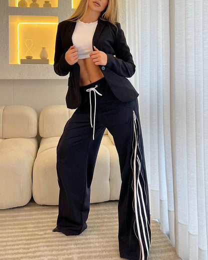 Contrast Side Striped & Zipper Slit Side Drawstring Elastic Waist Trousers Casual Wide Leg Pants