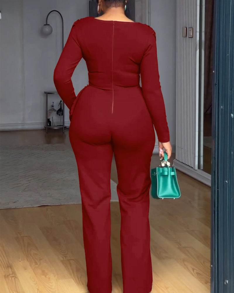 Cowl Neck Asymmetrical Textured Patchwork Cinched Waist Jumpsuit Casual Zipper Back Wide Leg Jumpsuit