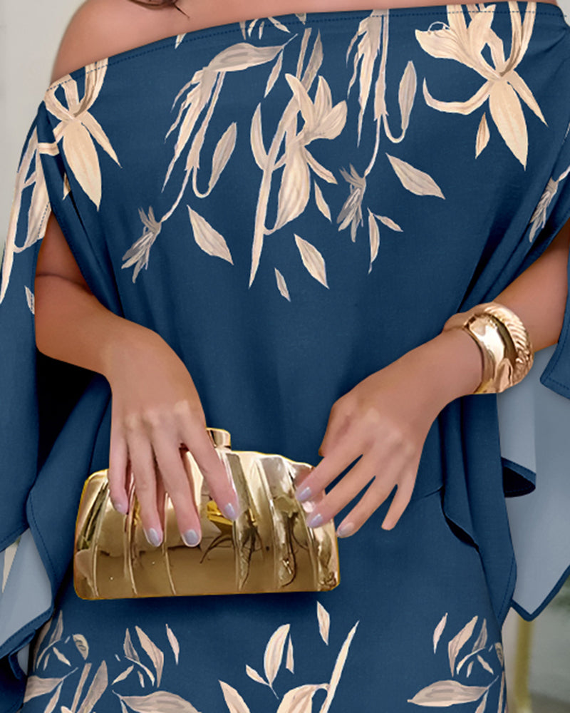 3 Pieces Outfit Off Shoulder Split Sleeve Convertible Shoulder Top and Elastic Back Waist Skorts Set Casual Plants Print Vacation Set with Bandeau