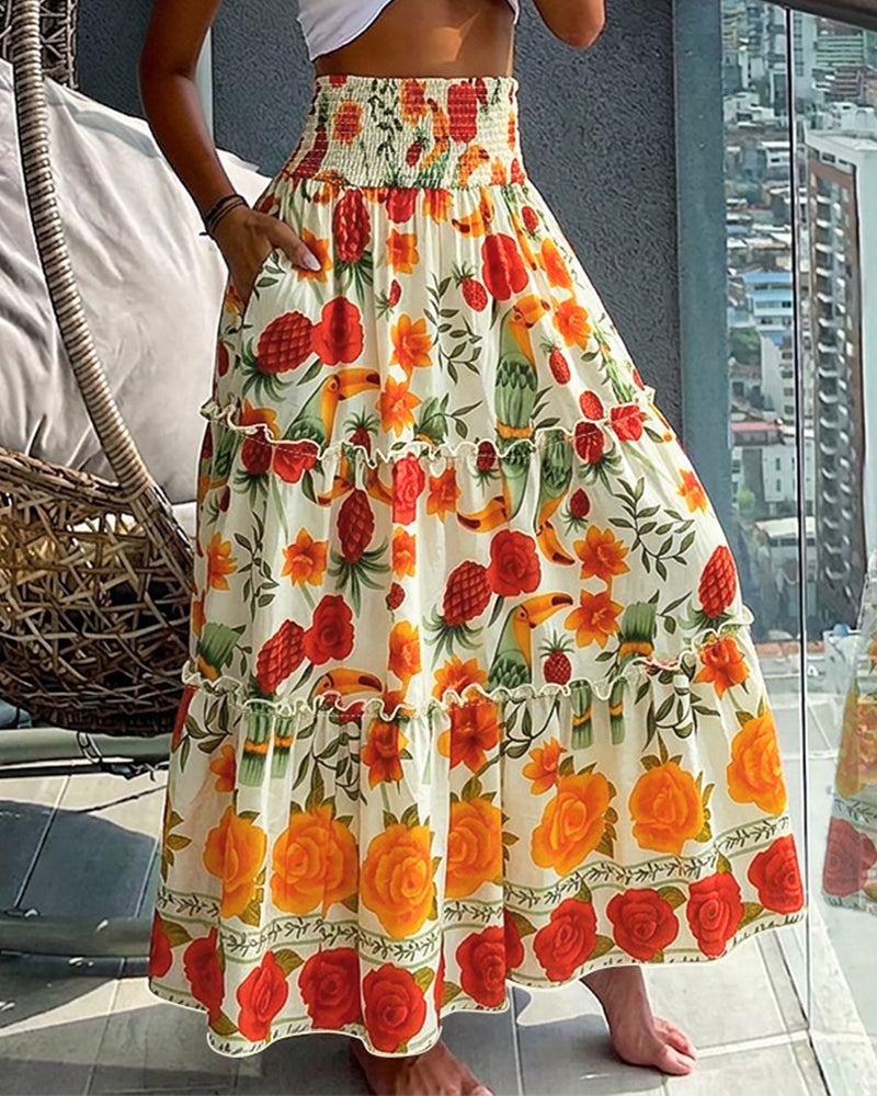 Women's Tropical Parrot Floral Maxi Skirt Shirred High Waist Ruffle Boho Skirt Flowy A-Line Skirt with Pocket