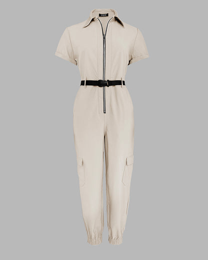 Turn-down Collar Short Sleeve Zipper Front Cuffed Short Jumpsuit Casual Pocket Design Cargo Romper with Belt