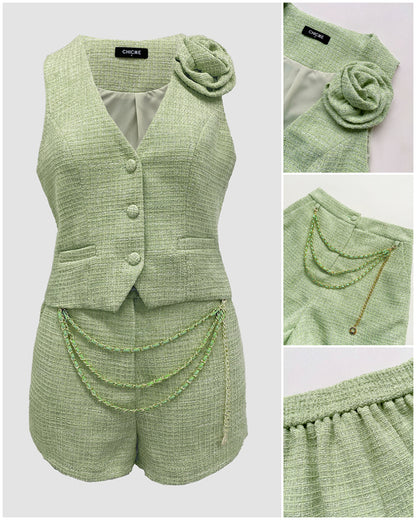 2 Pieces Outfit Tweed Shoulder 3D Flower Decor Sleeveless Vest and Casual Shorts Set