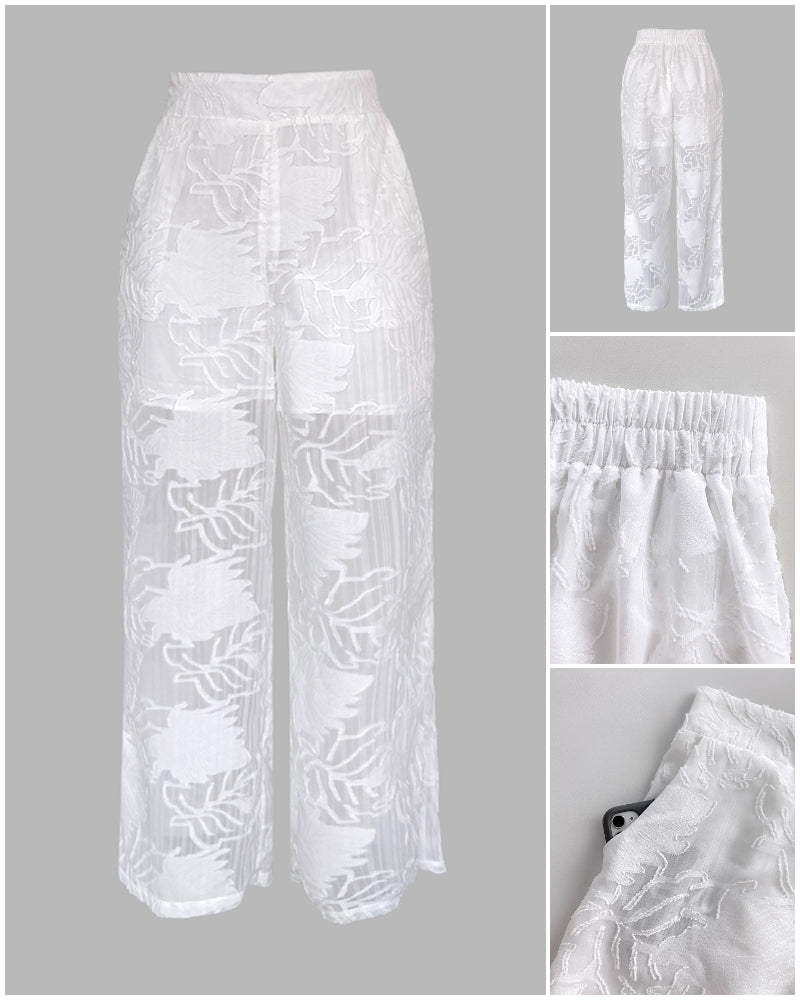 2 Pieces Outfit Jacquard Floral Turn-down Collar Button Front Pockets Design Top and Casual Elastic Back Waist Pants Set With Lining