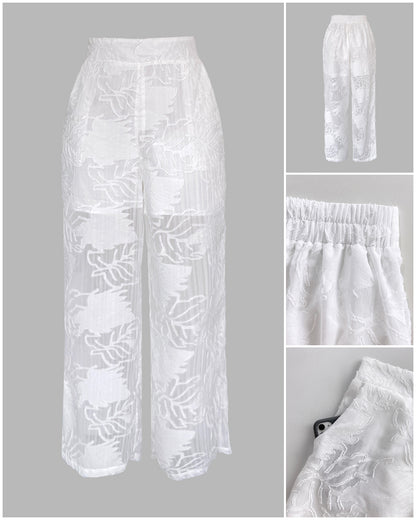 2 Pieces Outfit Jacquard Floral Turn-down Collar Button Front Pockets Design Top and Casual Elastic Back Waist Pants Set With Lining