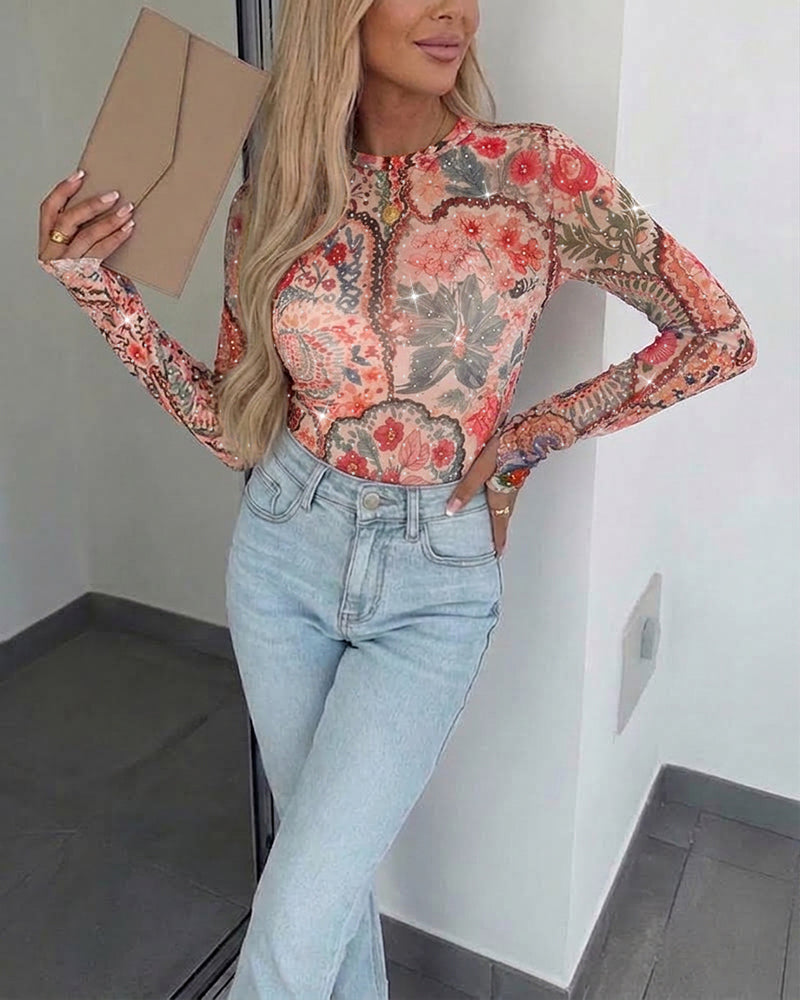 Women's Vintage Floral Rhinestone Mesh Top Slim Fit Long Sleeve Tee with Thumb Holes
