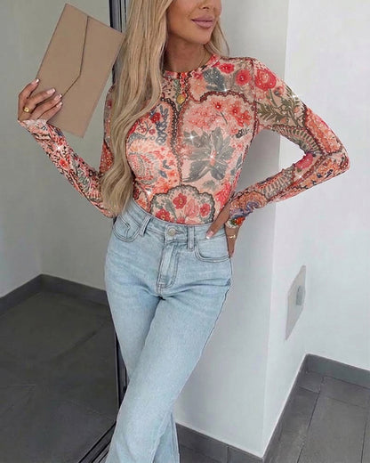 Women's Vintage Floral Rhinestone Mesh Top Slim Fit Long Sleeve Tee with Thumb Holes