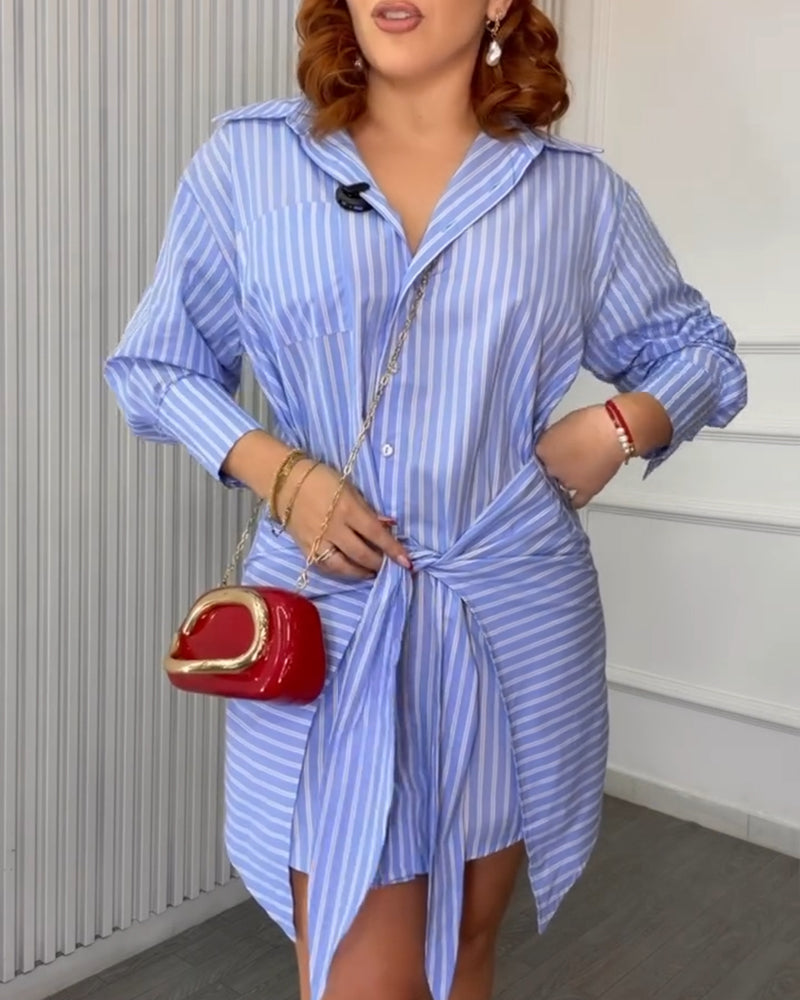 Women's Striped Button Down Shirt Dress Tie Front Wrap Asymmetric Hem Long Sleeve Casual Dress