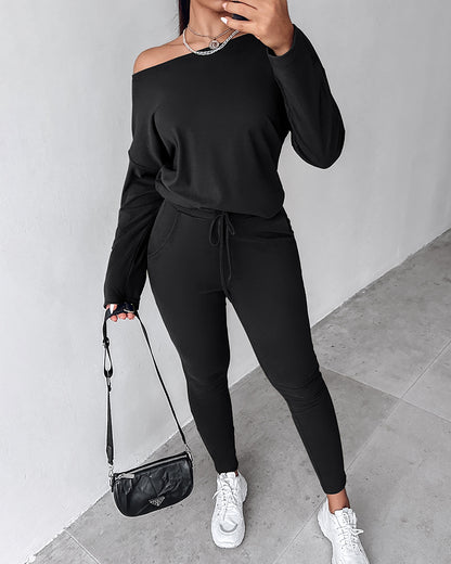 2 Pieces Outfit Long Sleeve Skew Neck Pullover Top And Drawstring Elastic Waist Slim Fit Pants Set