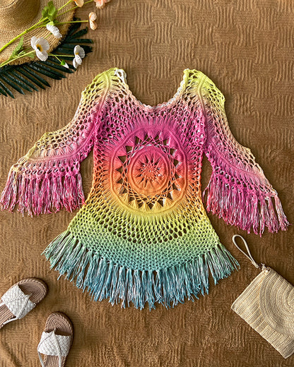 Women's Tie Dye Crochet Beach Cover Up Hollow Out Long Sleeve Vacation Top