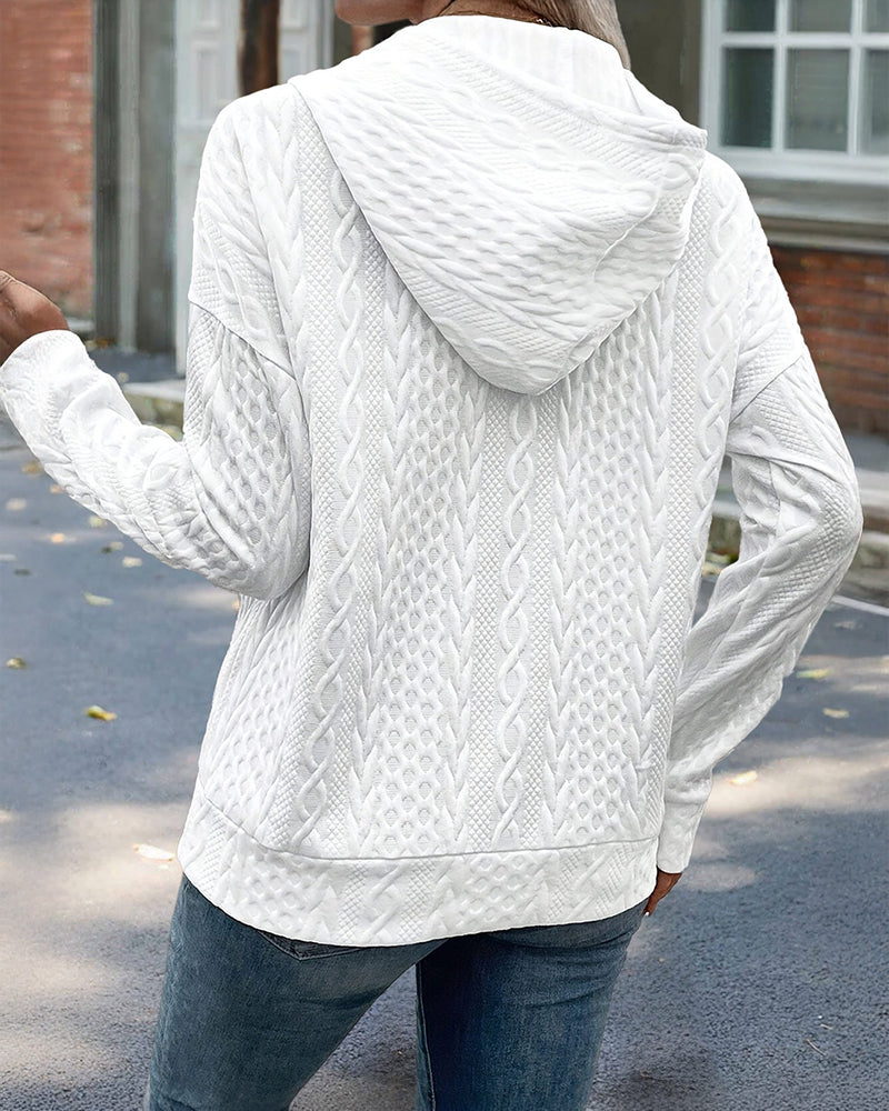 Long Sleeve Half Snap Buttons Front Drawstring Hoodie Sweatshirt Casual Kangaroo Pocket Drop Shoulder Cable Textured Top