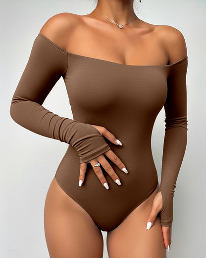 Off Shoulder Long Sleeve Slim Fit Versatile Bodysuit with Thumb Hole Cuffs