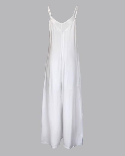 Plain Adjustable Strap Wide Leg Jumpsuit Casual Loose Fit Romper