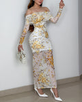 Women's Foldover Off Shoulder Floral Mesh Ruched Maxi Dress Elegant Long Sleeve Slit Party Gown