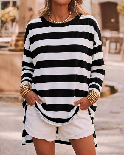 Women's Striped T Shirt Long Sleeve Drop Shoulder Crewneck Tee Side Slit Casual Loose Fit Top