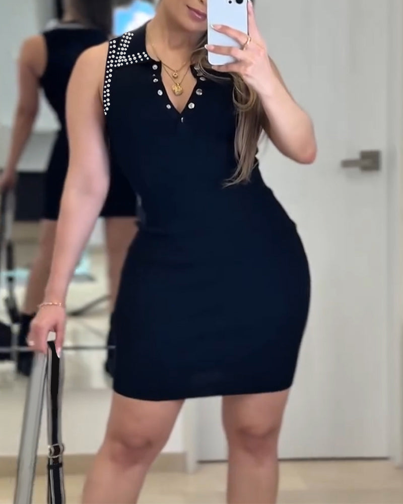 Studded Polo Collar Sleeveless Half Snap Button Front Bodycon Dress Elegant Knit Mini Dress