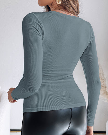 Built In Bra U Neck Tee High Stretchy Knit T-Shirt Long Sleeve Top