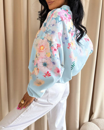 Women's Watercolor Floral Sweatshirt Casual Crewneck Pullover Lantern Sleeve Loose Fit Top