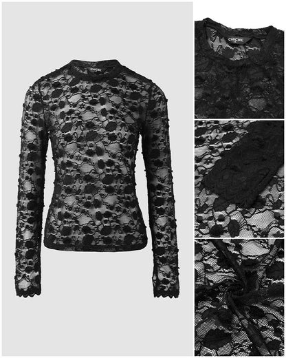 Women's Floral Lace Sheer Top Long Sleeve Crewneck Slim Fit Tee with Thumb Holes