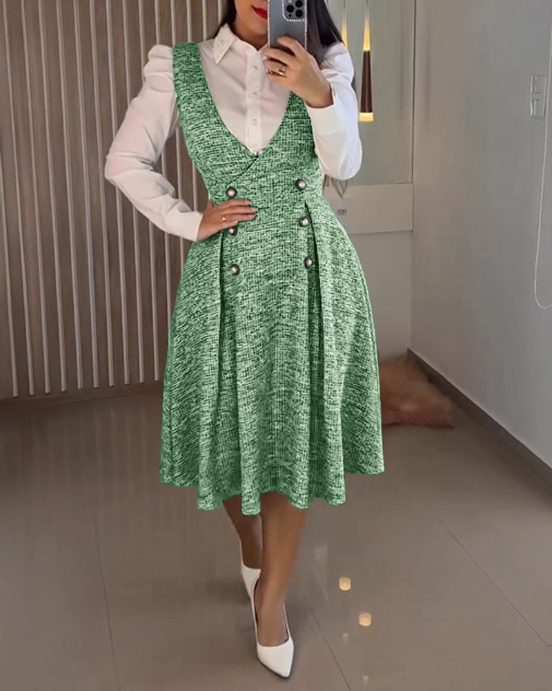 V-Neck Sleeveless Double Breasted Decor A Line Party Dress Causal Ziper Back Peplum Hem Commuting Dress