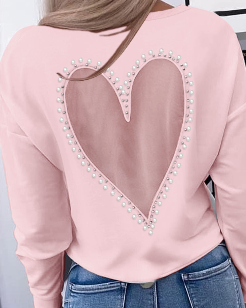Pearls Decor Sheer Heart Pattern Mesh Spliced Tee Casual Drop Shoulder Long Sleeve Top