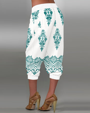 Tribal Print Low Waist Button Decor Capris Pants Vintage Pants with Pocket