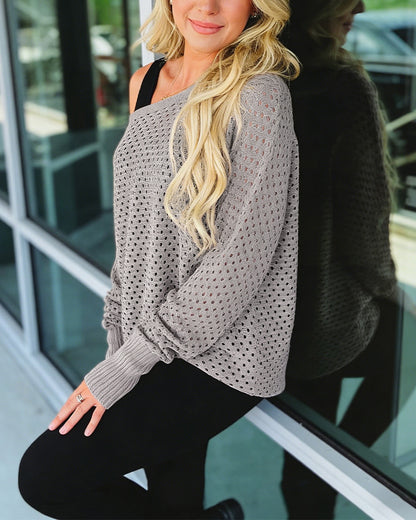 Women's Hollow-out Knit Sweater Skew Neck Loose Batwing Sleeve Top Casual Long Sleeve Knit Top
