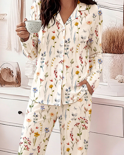 Women's Ditsy Floral Pajamas Set Long Sleeve Button Down Notched Collar Top and Straight Leg Pants Casual Sleepwear