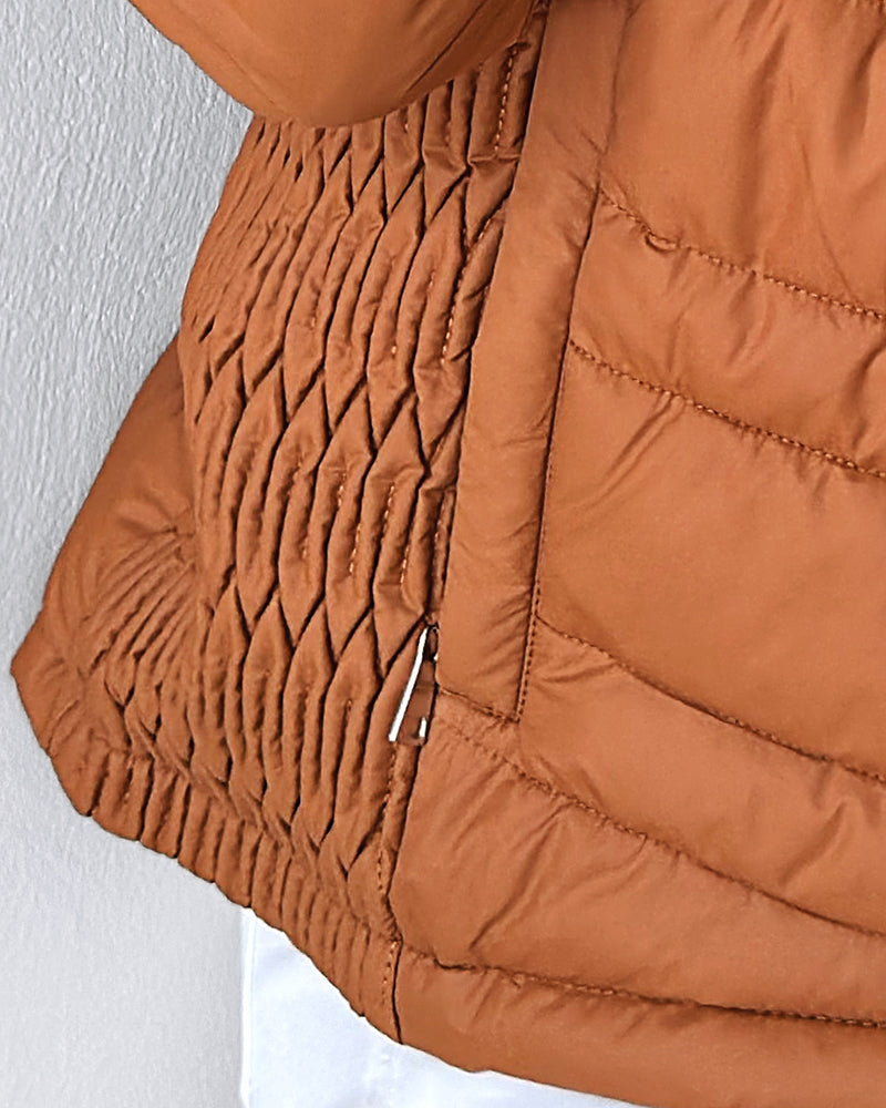 Zipper Pocket Design Shirred Fuzzy Trim Fleece Lined Hooded Puffer Jacket