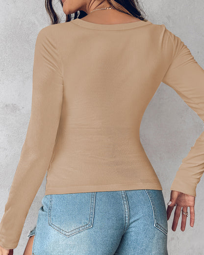 Chicme Built In Bra U Neck Long Sleeve Ribbed Top