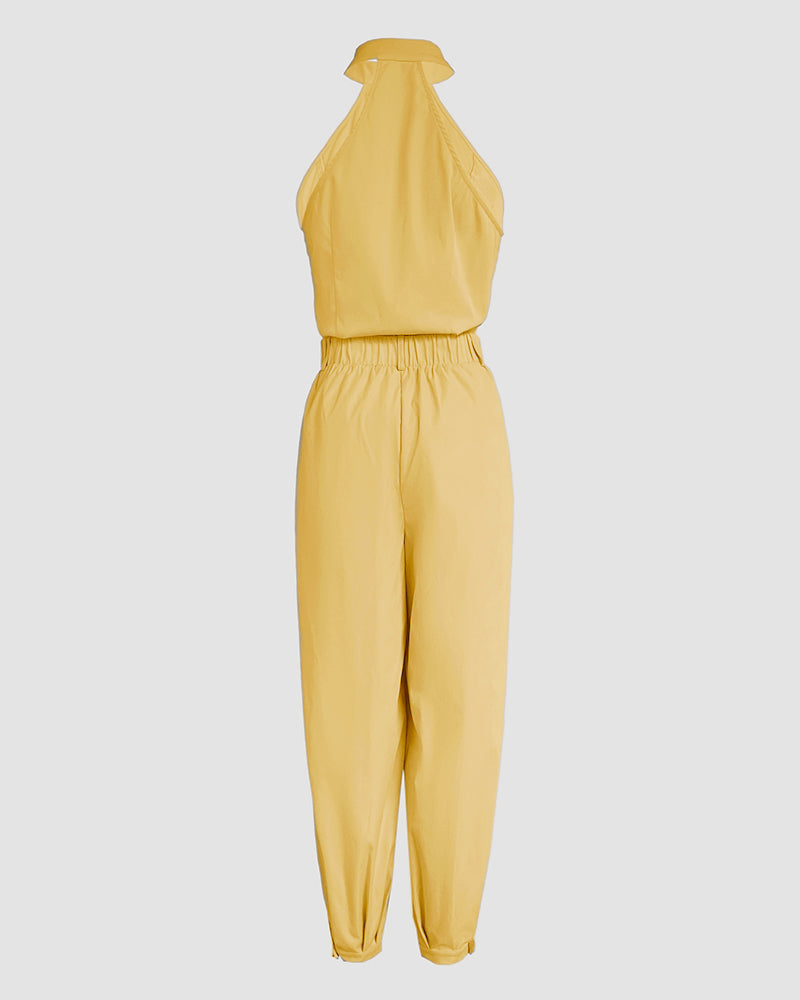 2 Pieces Outfits Sleeveless High Neck Cargo Pockets Design Top And Casual Cuffed Long Pants Set