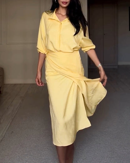 Women's Faux Two Piece Shirt Dress Wrap Lace-up Tie Waist Midi Dress Long Sleeve Slit Casual Dress
