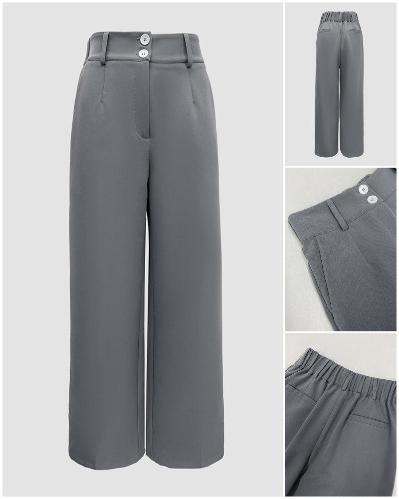 High Waist Zipper Fly Elastic Back Waist Trousers Casual Wide Leg Pants
