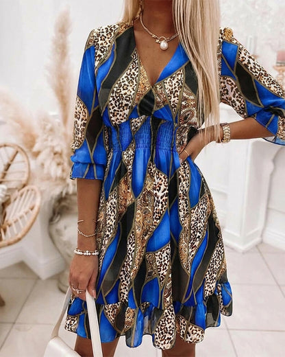 Colorblock Geometric & Leopard Print Spliced Overlap V Neck Flared Cuffs A Line Dress Casual Shirred Waist Ruffle Hem Vacation Chiffon Dress