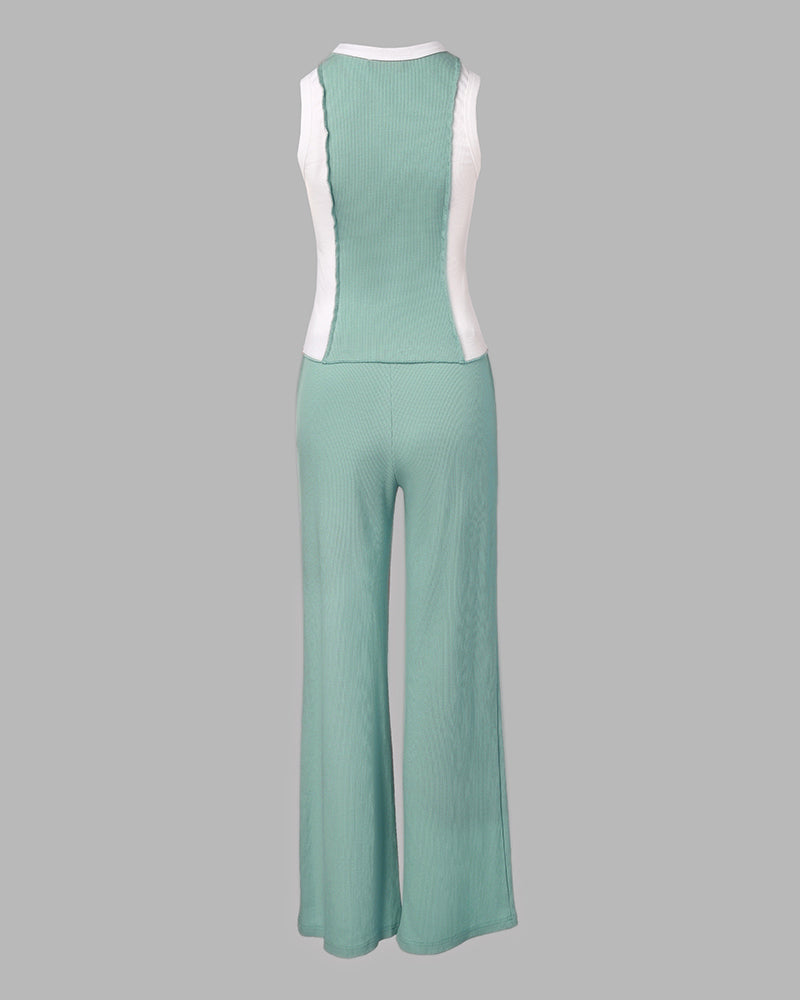2 Pieces Outfit O-neck Slim Fit Tank Top and Drawstring Elastic Waist Straight Leg Pants Set Casual Colorblock Ribbed Set
