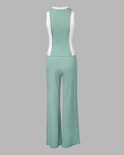 2 Pieces Outfit O-neck Slim Fit Tank Top and Drawstring Elastic Waist Straight Leg Pants Set Casual Colorblock Ribbed Set