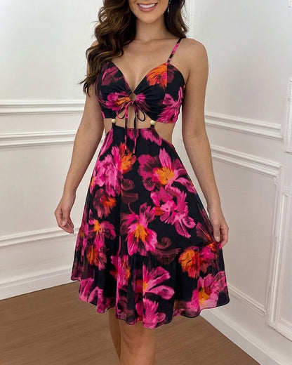 Women's Vintage Floral Print Mini Dress Sexy Sweetheart Neck Cut Out Sundress Backless Ruched A-Line Vacation Dress