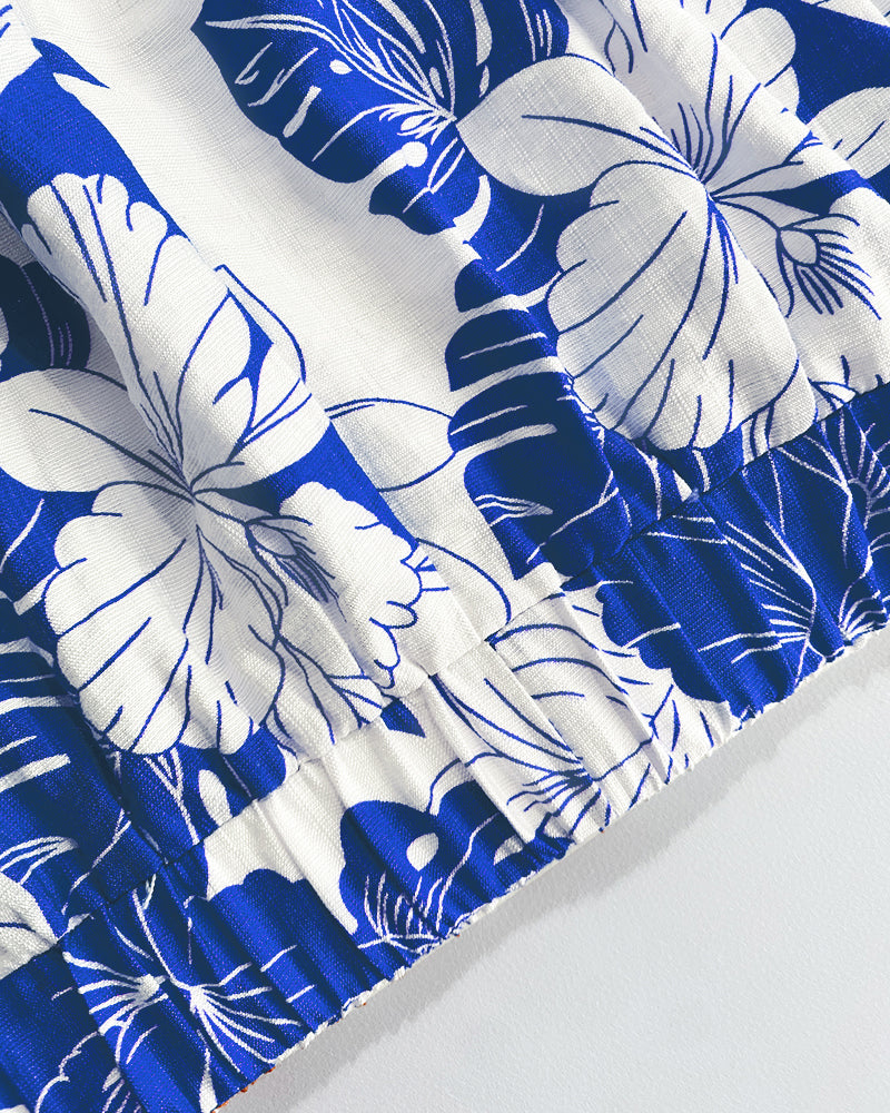 2 Pieces Outfit 3D Flower Decor Asymmetrical Neck Spaghetti Strap Top and Casual Floral Print Wide Leg Pants Set